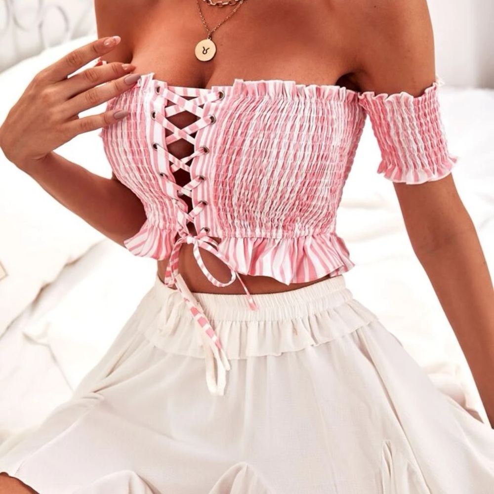 Striped lace up shirred Bardot top